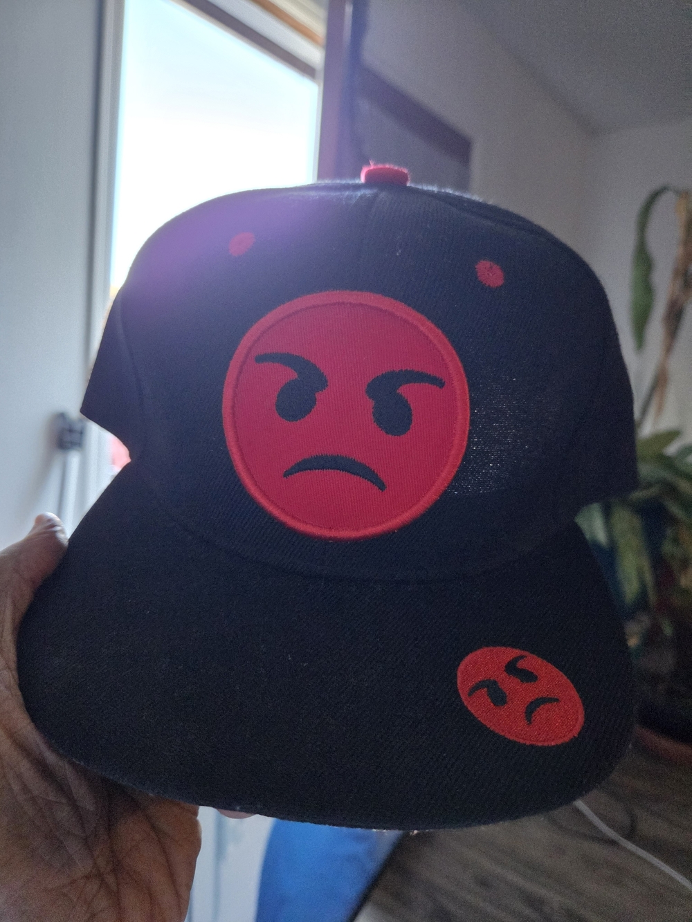 Black Adult  Snapback Hat with Red Angry Emoji Patch